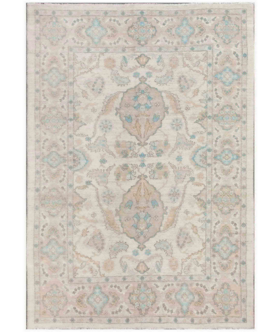Hand Knotted Oushak Wool Rug 10' 2" X 14' 2" 10' 2" X 14' 2" (310 X 432) / Ivory / Blue