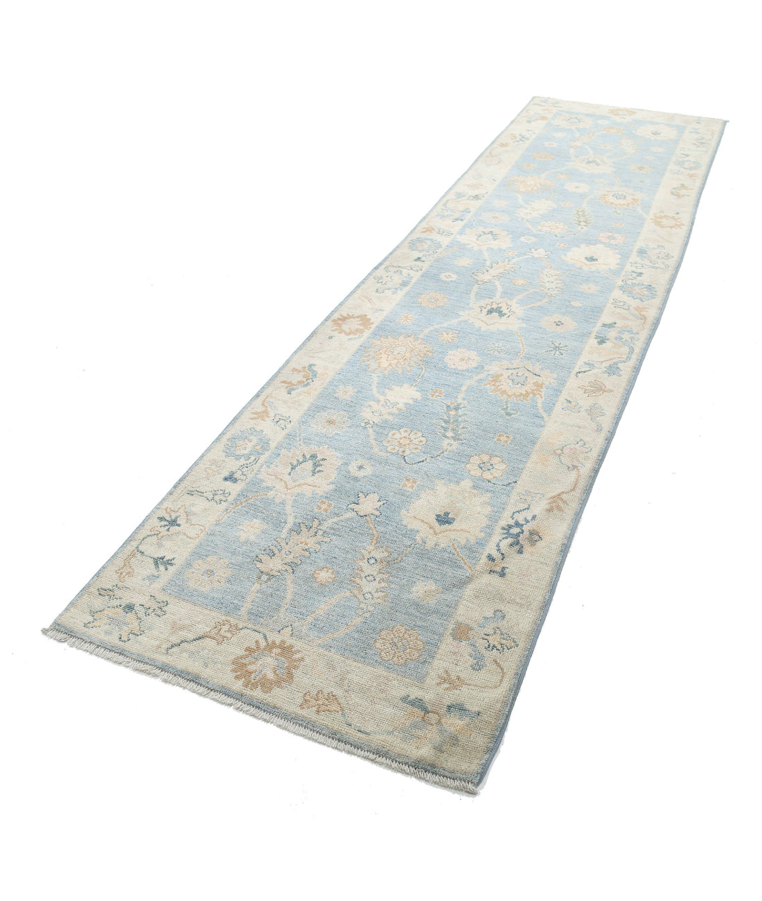 Oushak 3'1'' X 11'3'' Hand-Knotted Wool Rug 3'1'' x 11'3'' (93 X 338) / Blue / Ivory