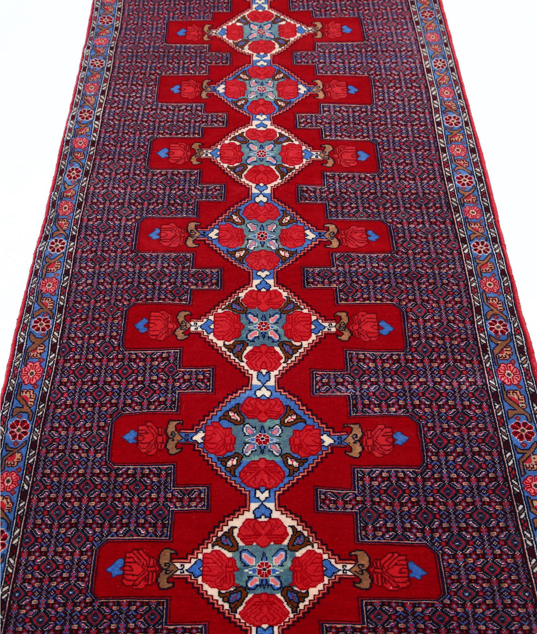 Senneh 3'1'' X 12'1'' Hand-Knotted Wool Rug 3'1'' x 12'1'' (93 X 363) / Red / Blue