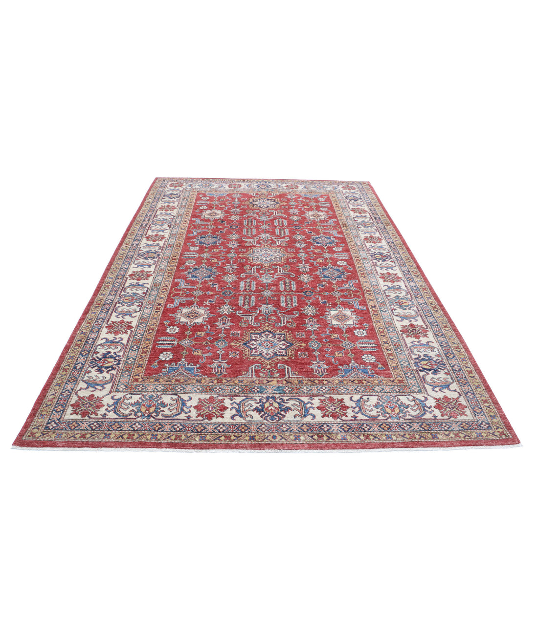 Kazak 6'6'' X 9'8'' Hand-Knotted Wool Rug 6'6'' x 9'8'' (195 X 290) / Red / Ivory