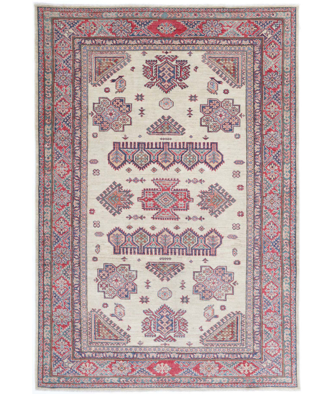 Kazak 4'10'' X 7'3'' Hand-Knotted Wool Rug 4'10'' x 7'3'' (145 X 218) / Ivory / Red