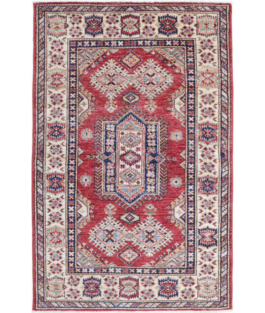 Kazak 3'4'' X 5'2'' Hand-Knotted Wool Rug 3'4'' x 5'2'' (100 X 155) / Red / Ivory