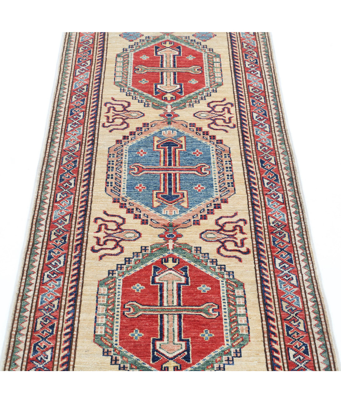 Kazak 2'5'' X 6'7'' Hand-Knotted Wool Rug 2'5'' x 6'7'' (73 X 198) / Ivory / Red