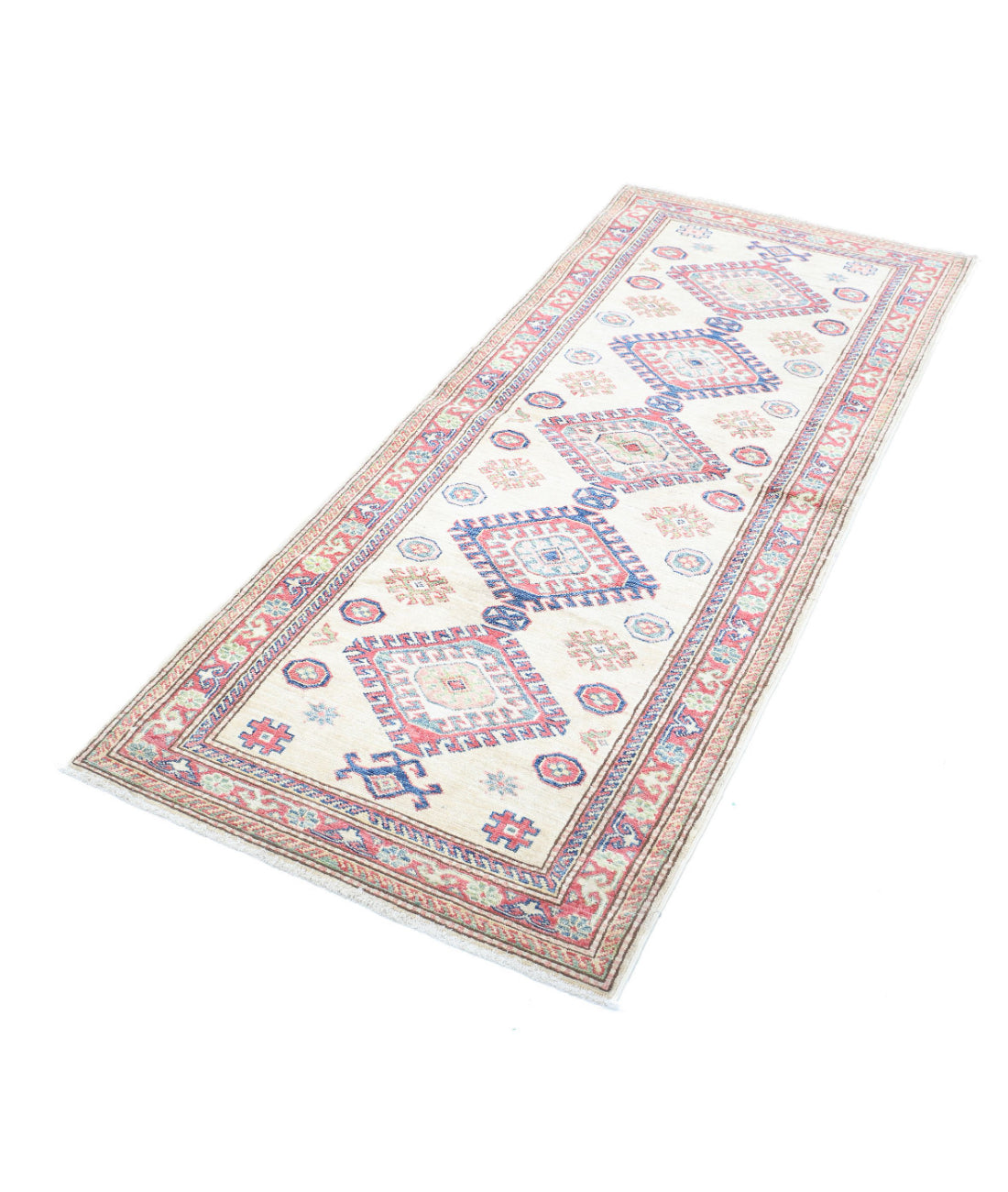 Kazak 2'7'' X 6'2'' Hand-Knotted Wool Rug 2'7'' x 6'2'' (78 X 185) / Ivory / Red