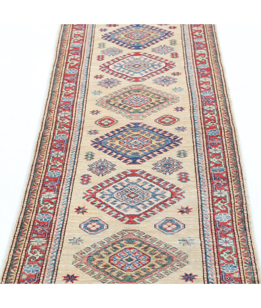 Kazak 2'4'' X 6'3'' Hand-Knotted Wool Rug 2'4'' x 6'3'' (70 X 188) / Ivory / Red