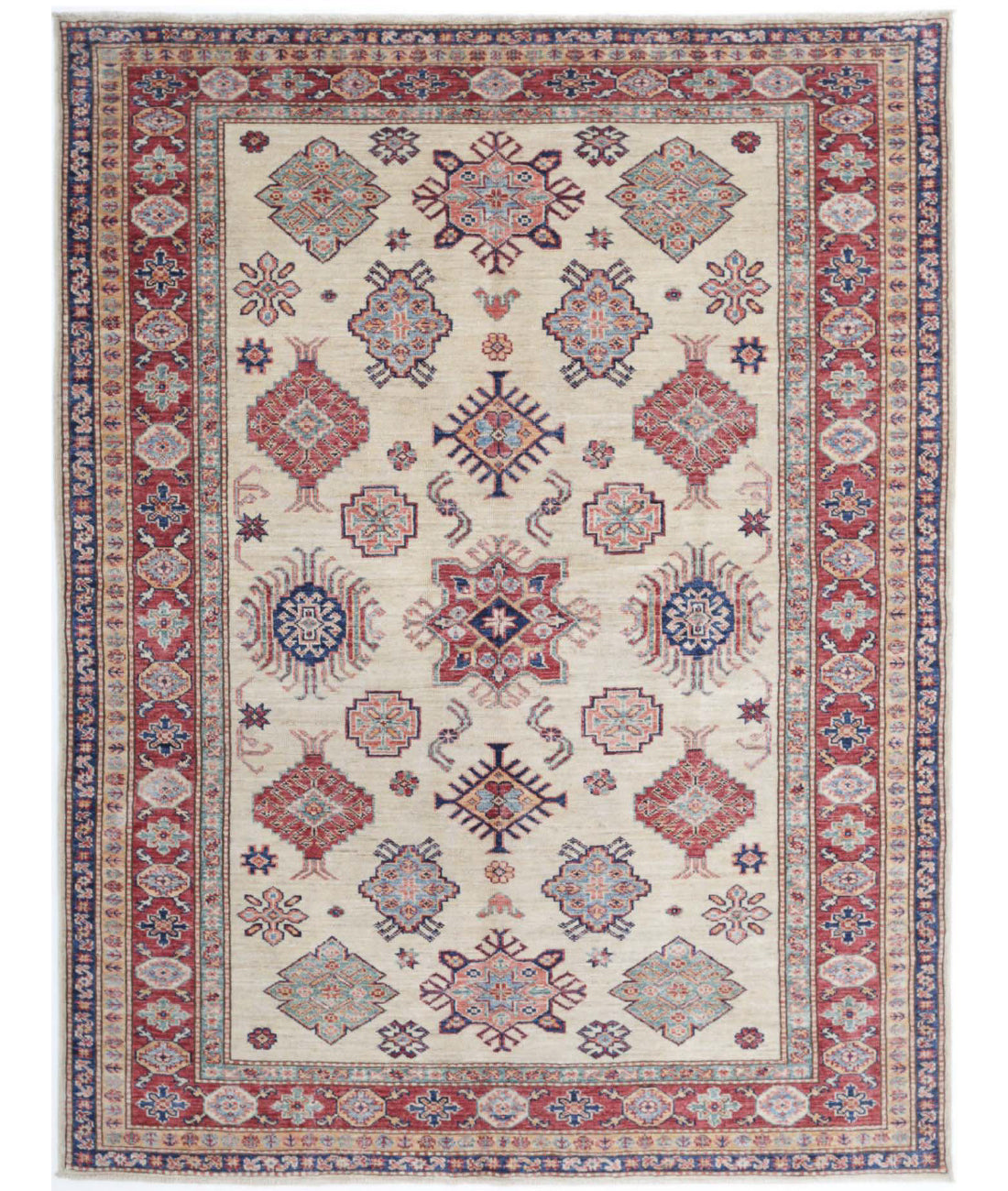 Kazak 4'9'' X 6'3'' Hand-Knotted Wool Rug 4'9'' x 6'3'' (143 X 188) / Ivory / Red