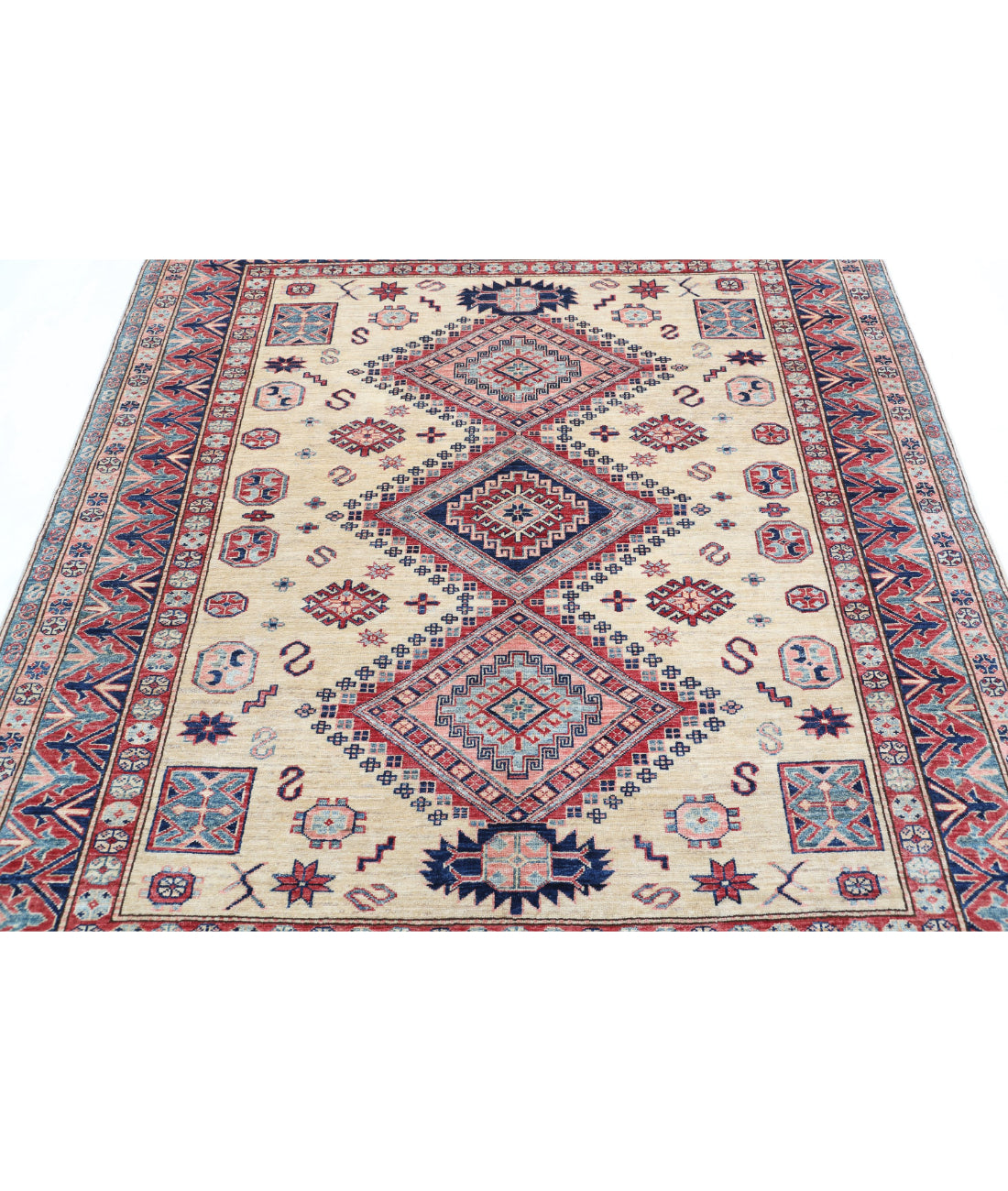 Kazak 6'2'' X 6'8'' Hand-Knotted Wool Rug 6'2'' x 6'8'' (185 X 200) / Ivory / Red