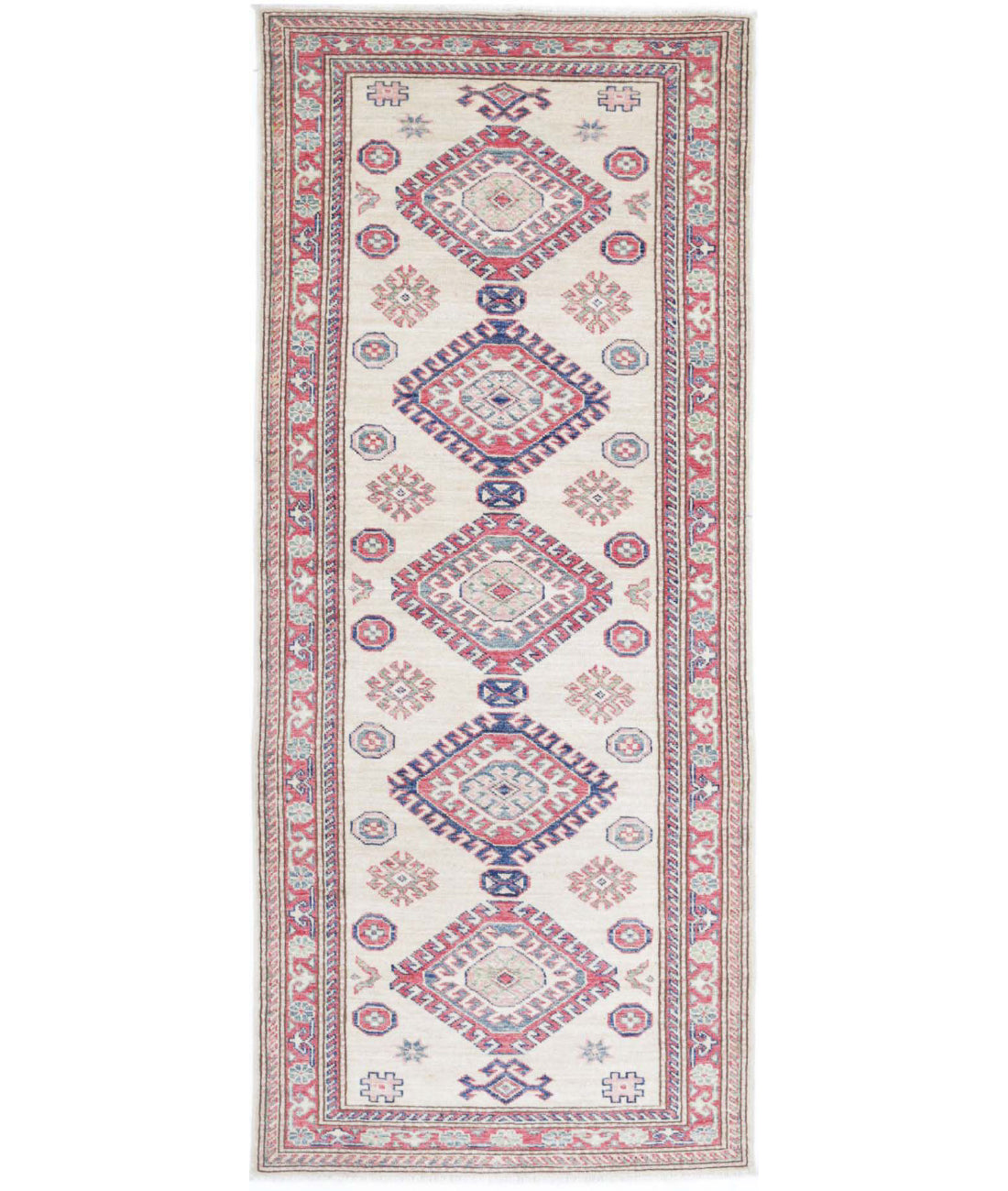 Kazak 2'7'' X 6'5'' Hand-Knotted Wool Rug 2'7'' x 6'5'' (78 X 193) / Ivory / Red
