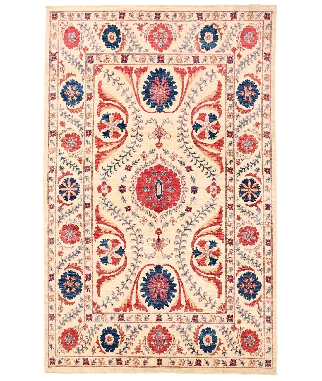 Hand Knotted Suzani Wool Rug 5' 10" X 9' 1" 5' 10" X 9' 1" (178 X 277) / Ivory / Red