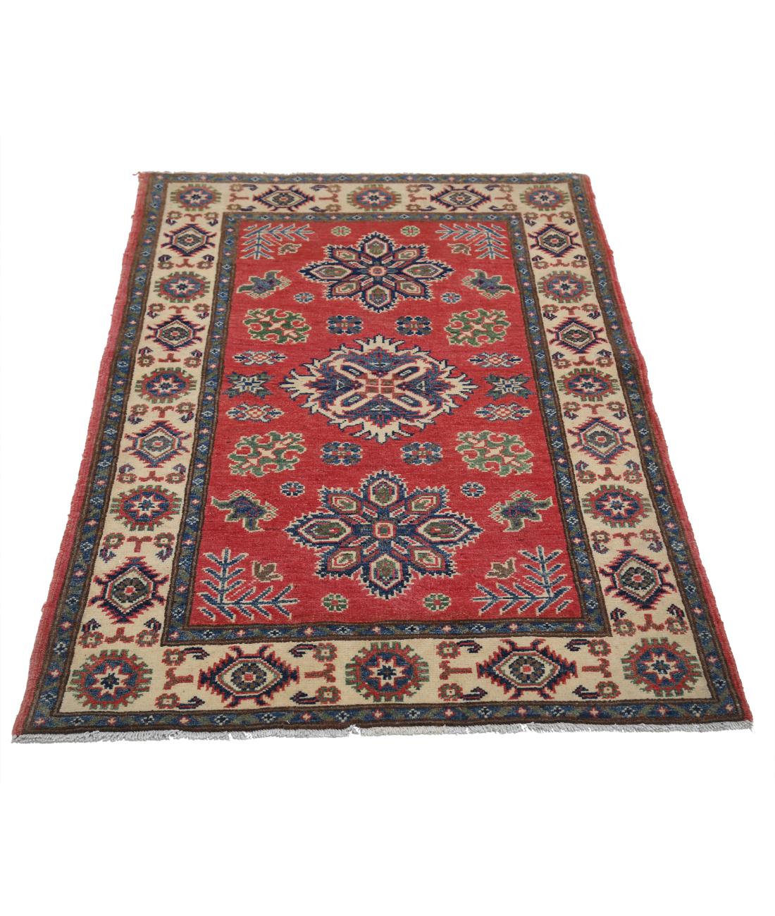 Kazak 3' 0" X 4' 11" Hand-Knotted Wool Rug 3' 0" X 4' 11" (91 X 150) / Red / Ivory