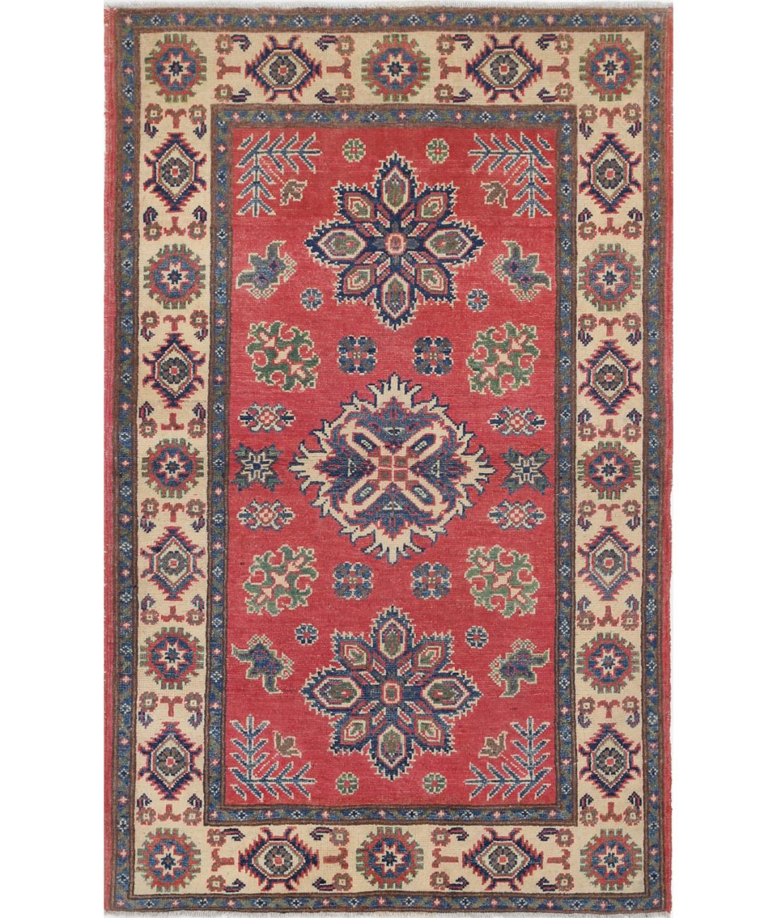 Kazak 3' 0" X 4' 11" Hand-Knotted Wool Rug 3' 0" X 4' 11" (91 X 150) / Red / Ivory
