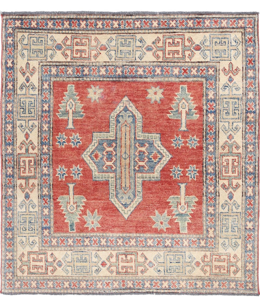 Kazak 3' 2" X 3' 5" Hand-Knotted Wool Rug 3' 2" X 3' 5" (97 X 104) / Red / Ivory