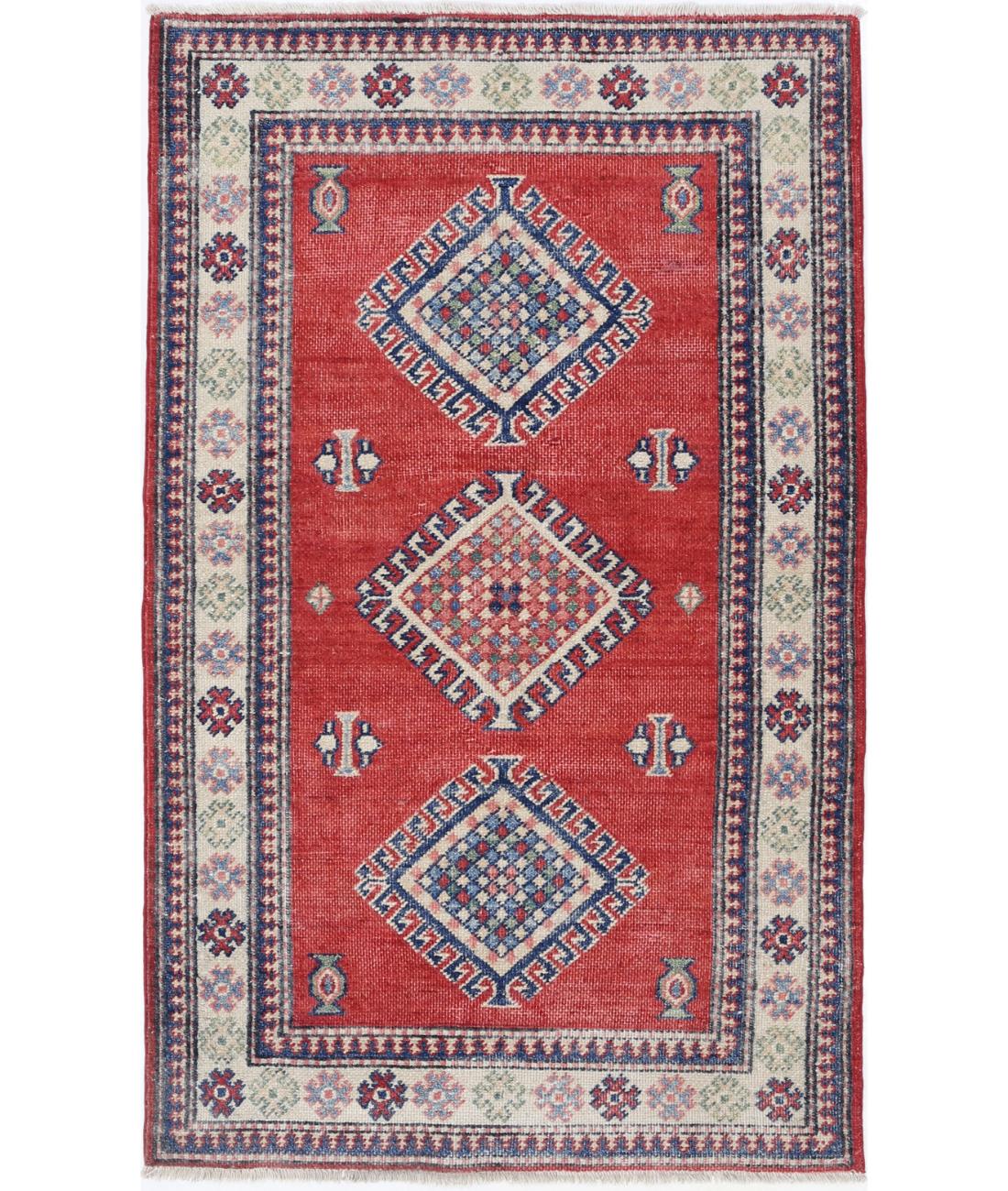 Kazak 2' 10" X 5' 0" Hand-Knotted Wool Rug 2' 10" X 5' 0" (86 X 152) / Red / Ivory