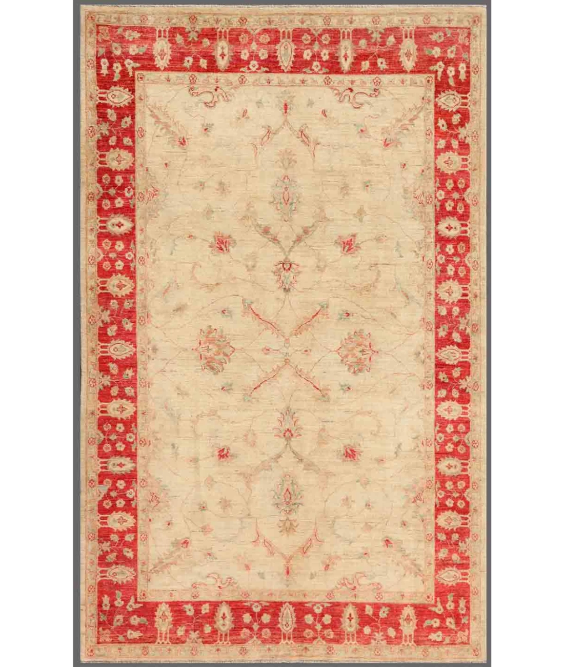 Hand Knotted Ziegler Wool Rug 6' 4" X 9' 11" 6' 4" X 9' 11" (193 X 302) / Ivory / Red