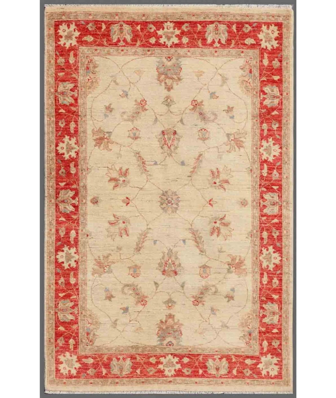 Hand Knotted Ziegler Wool Rug 4' 1" X 6' 3" 4' 1" X 6' 3" (124 X 191) / Ivory / Red