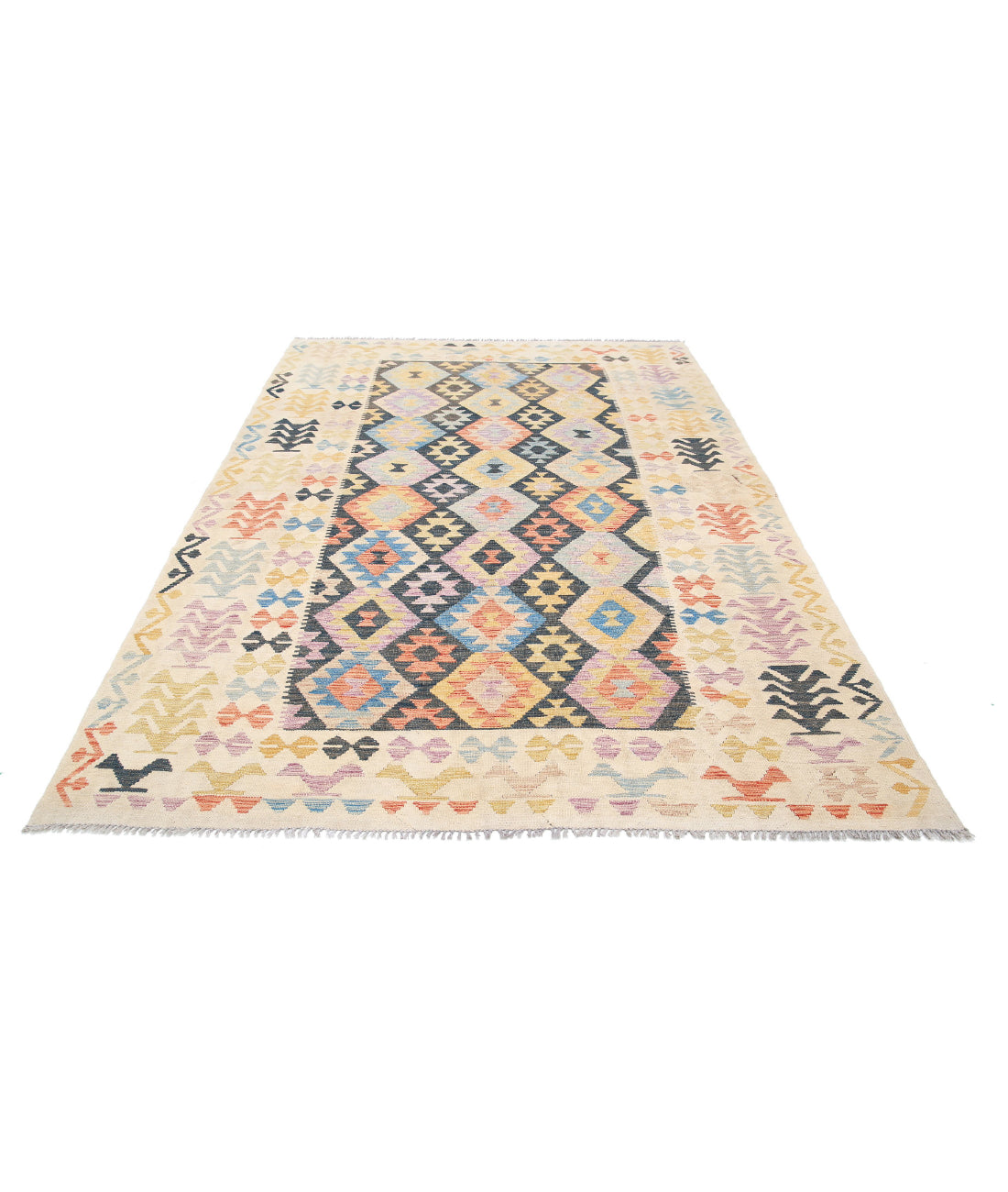 Maimana-Kilim 6'4'' X 9'6'' Hand-Knotted Wool Kilim 6'4'' x 9'6'' (190 X 285) / Black / Ivory