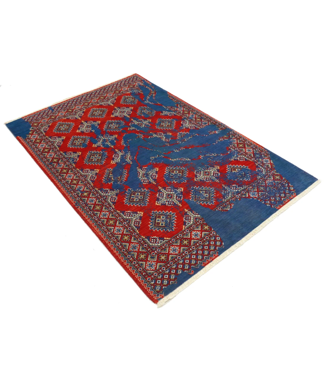 Ajrak 4'0'' X 6'0'' Power-Loomed Wool-Bamboo Silk Rug 4'0'' x 6'0'' (120 X 180) / Red / Blue
