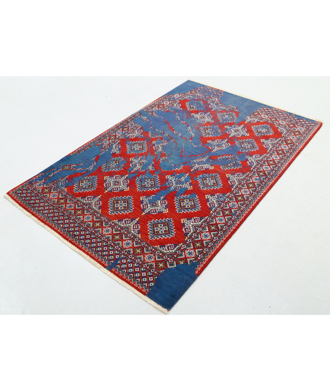 Ajrak 4'0'' X 6'0'' Power-Loomed Wool-Bamboo Silk Rug 4'0'' x 6'0'' (120 X 180) / Red / Blue