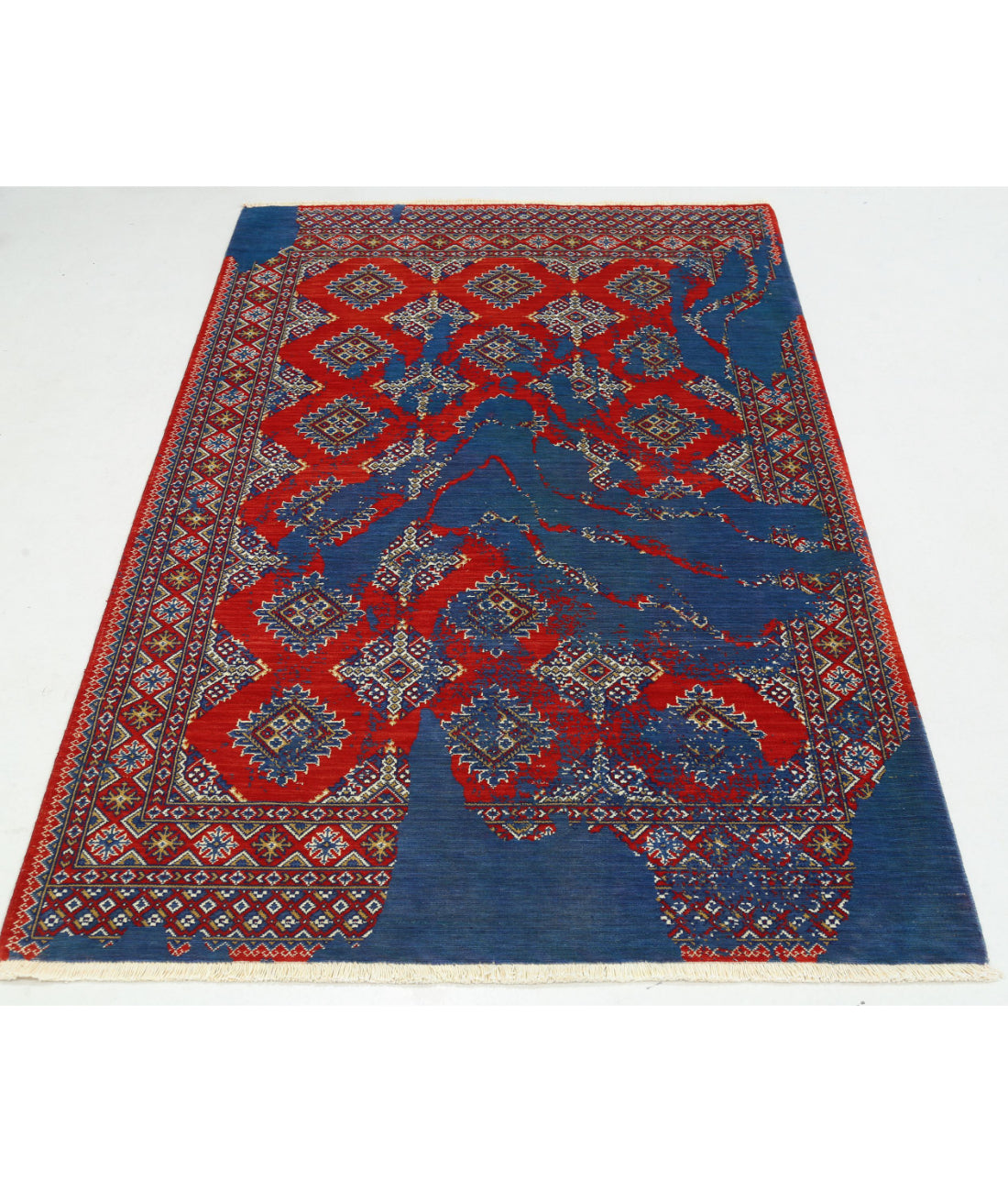 Ajrak 4'0'' X 6'0'' Power-Loomed Wool-Bamboo Silk Rug 4'0'' x 6'0'' (120 X 180) / Red / Blue