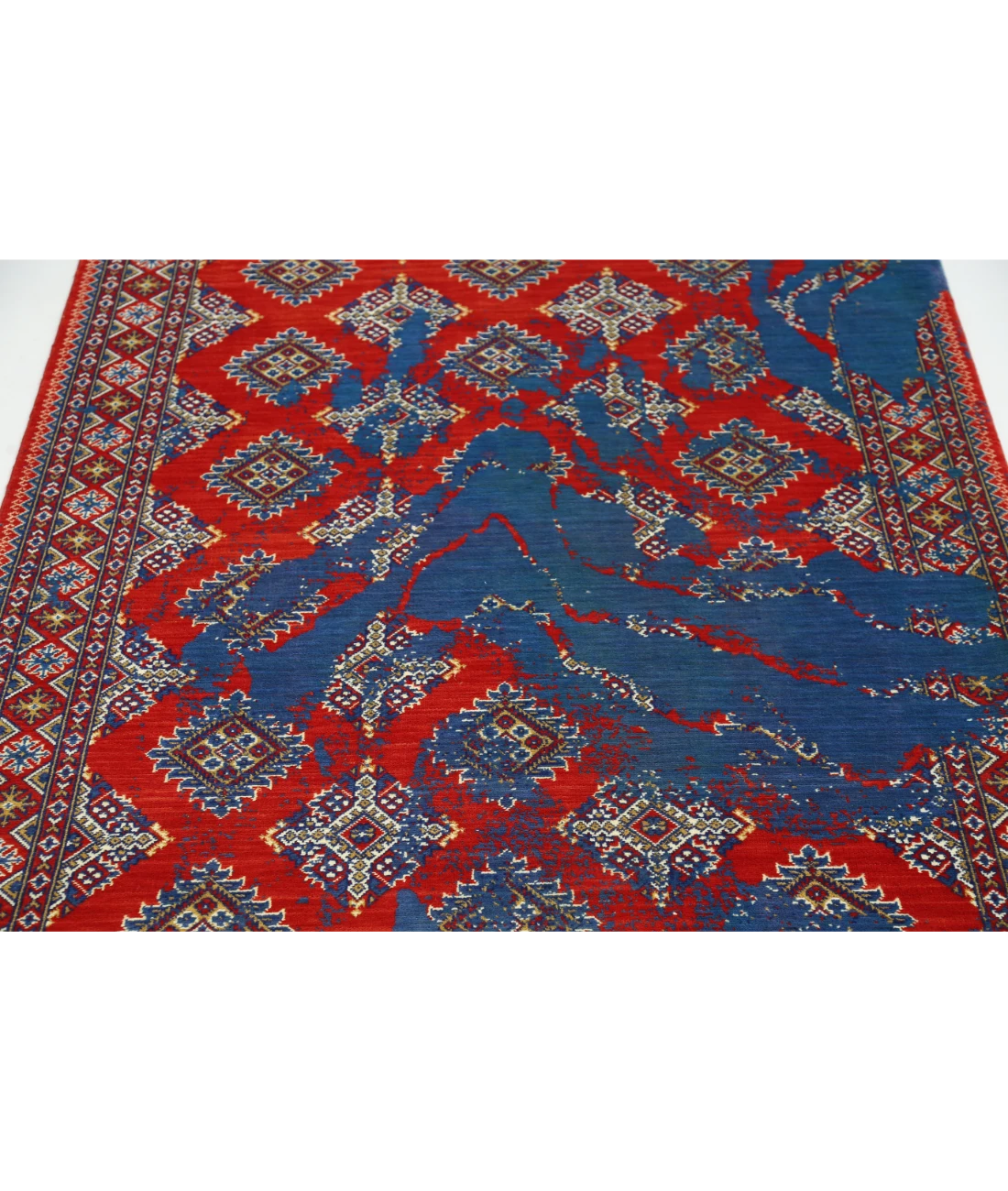 Ajrak 4'0'' X 6'0'' Power-Loomed Wool-Bamboo Silk Rug 4'0'' x 6'0'' (120 X 180) / Red / Blue