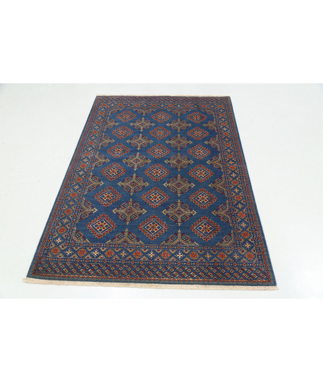 Ajrak 4'0'' X 6'0'' Power-Loomed Wool-Bamboo Silk Rug 4'0'' x 6'0'' (120 X 180) / Blue / Red