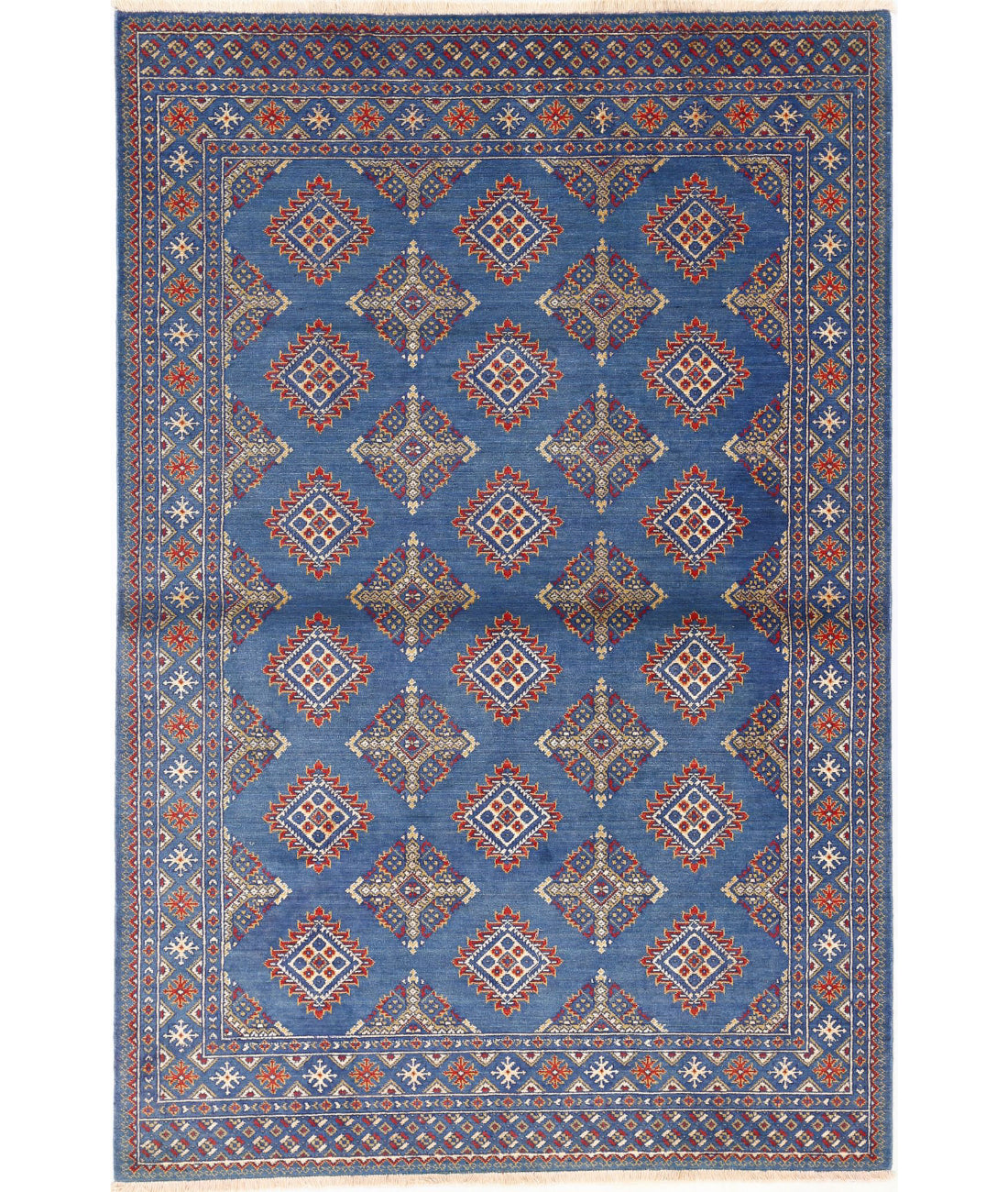 Ajrak 4'0'' X 6'0'' Power-Loomed Wool-Bamboo Silk Rug 4'0'' x 6'0'' (120 X 180) / Blue / Red