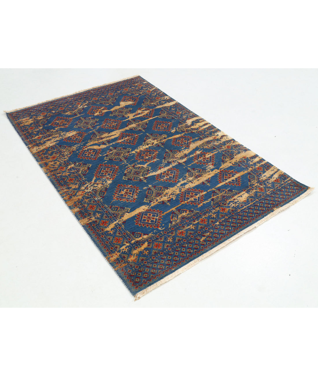 Ajrak 4'0'' X 6'1'' Power-Loomed Wool-Bamboo Silk Rug 4'0'' x 6'1'' (120 X 183) / Blue / Red