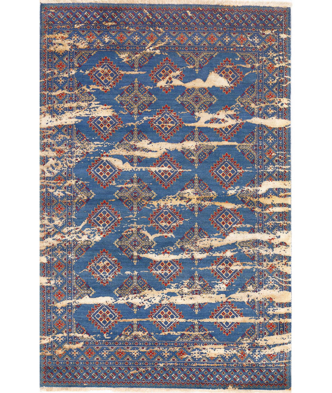Ajrak 4'0'' X 6'1'' Power-Loomed Wool-Bamboo Silk Rug 4'0'' x 6'1'' (120 X 183) / Blue / Red