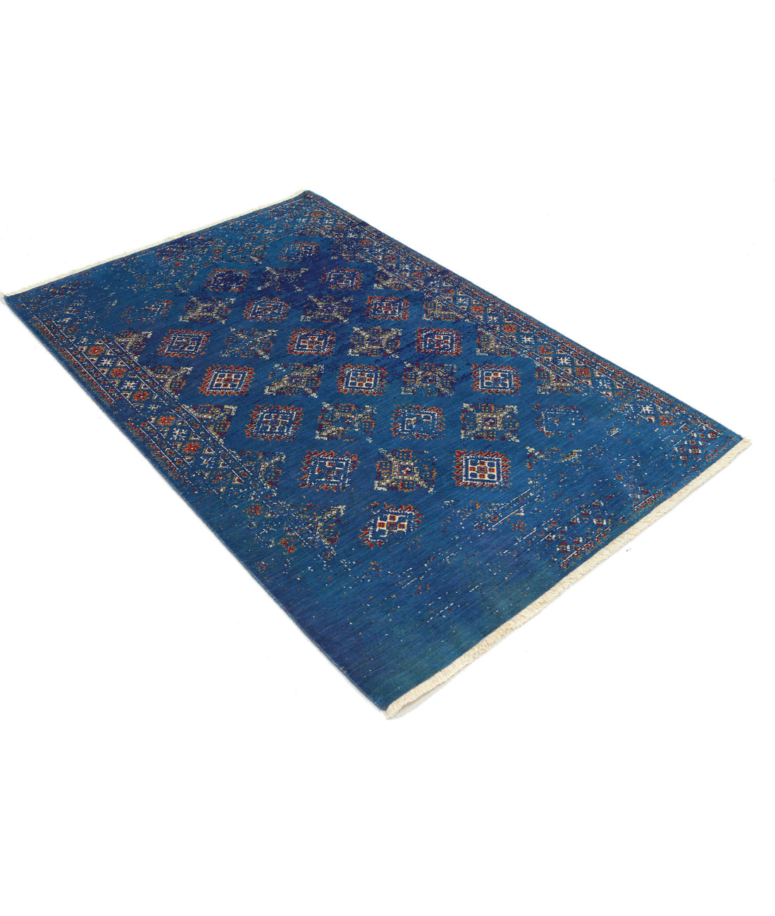 Ajrak 4'0'' X 6'0'' Power-Loomed Wool-Bamboo Silk Rug 4'0'' x 6'0'' (120 X 180) / Blue / Ivory