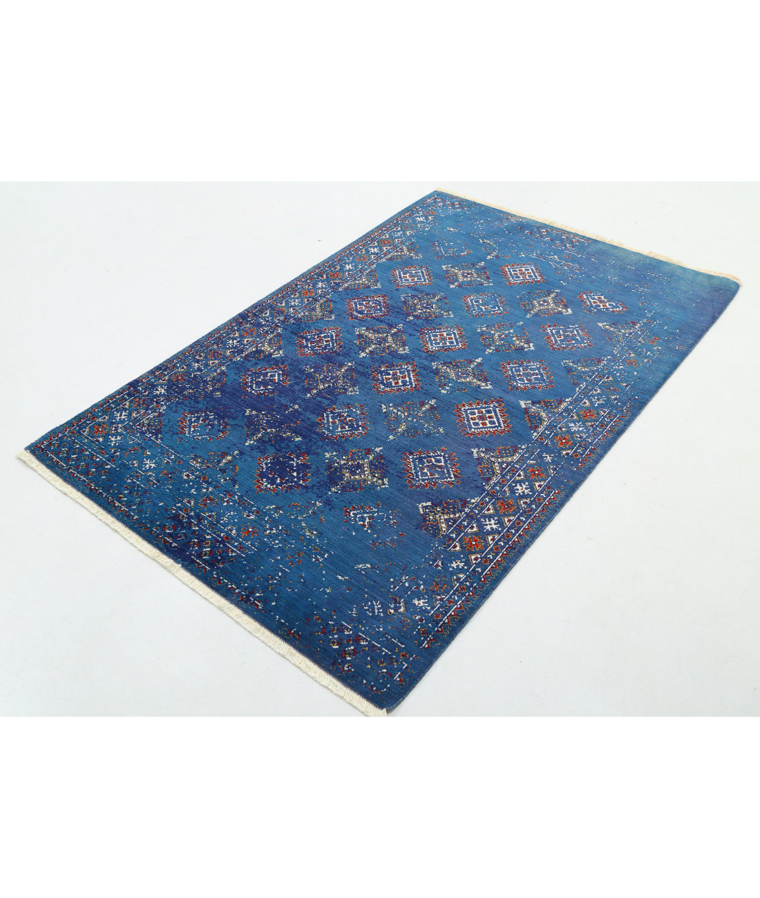 Ajrak 4'0'' X 6'0'' Power-Loomed Wool-Bamboo Silk Rug 4'0'' x 6'0'' (120 X 180) / Blue / Ivory