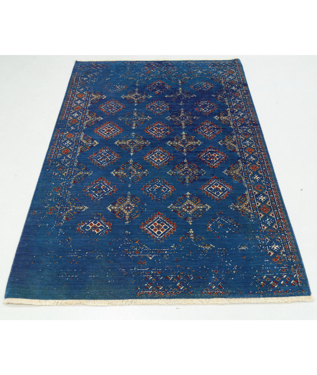 Ajrak 4'0'' X 6'0'' Power-Loomed Wool-Bamboo Silk Rug 4'0'' x 6'0'' (120 X 180) / Blue / Ivory