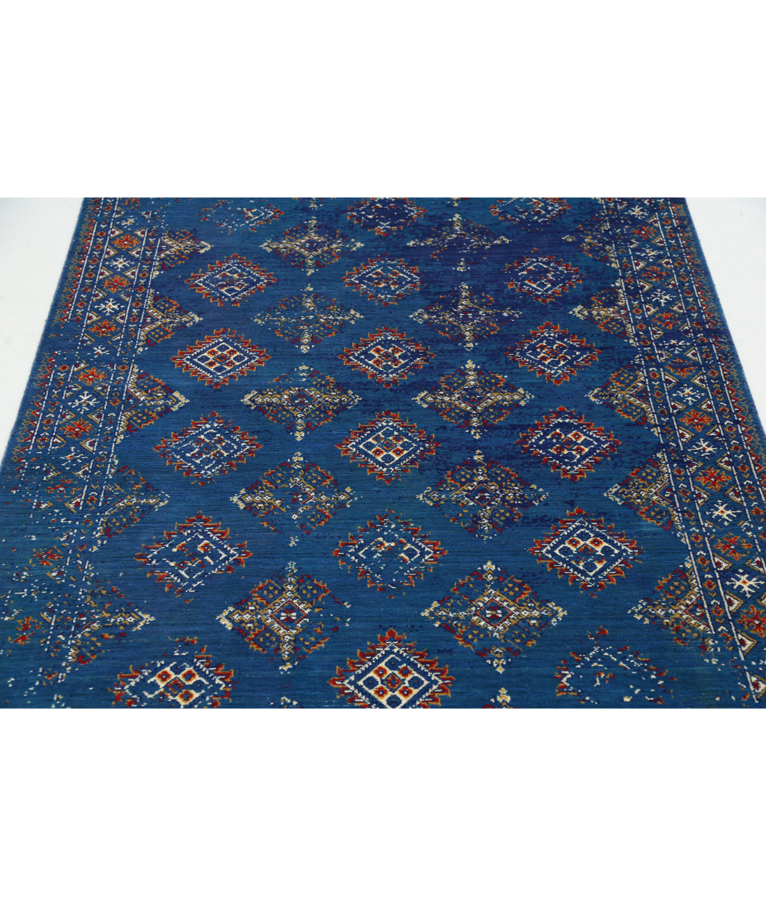 Ajrak 4'0'' X 6'0'' Power-Loomed Wool-Bamboo Silk Rug 4'0'' x 6'0'' (120 X 180) / Blue / Ivory