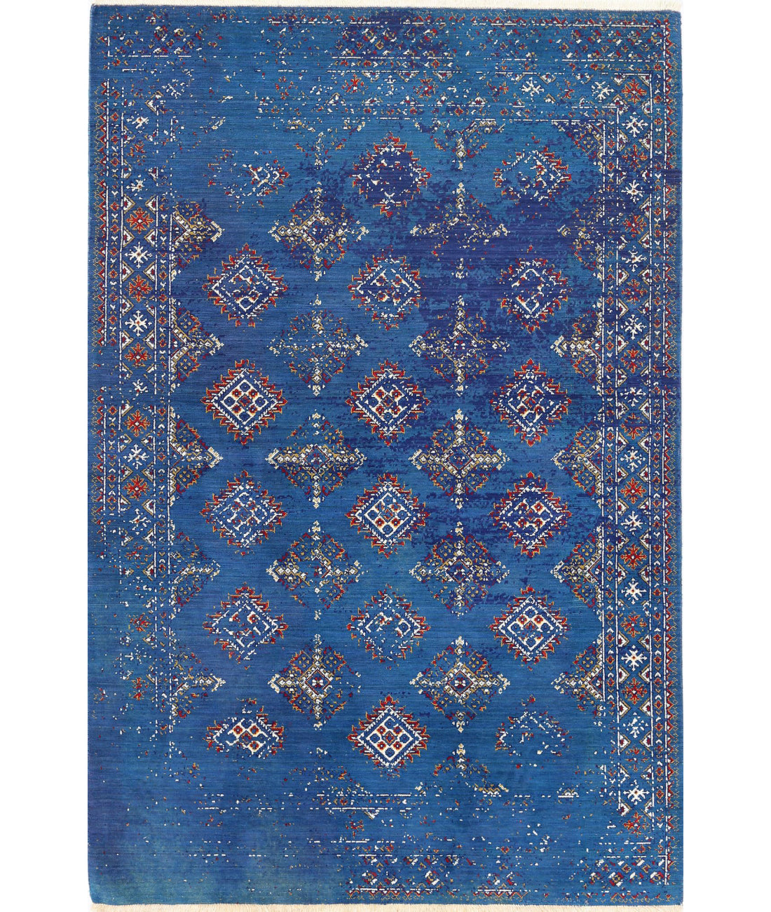 Ajrak 4'0'' X 6'0'' Power-Loomed Wool-Bamboo Silk Rug 4'0'' x 6'0'' (120 X 180) / Blue / Ivory