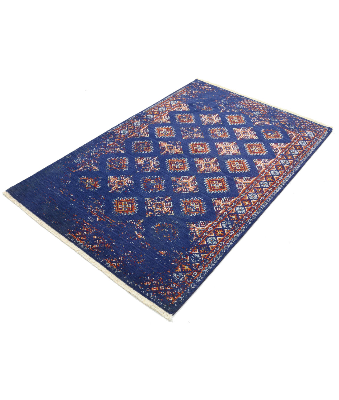 Ajrak 4'0'' X 6'0'' Power-Loomed Wool-Bamboo Silk Rug 4'0'' x 6'0'' (120 X 180) / Blue / Red
