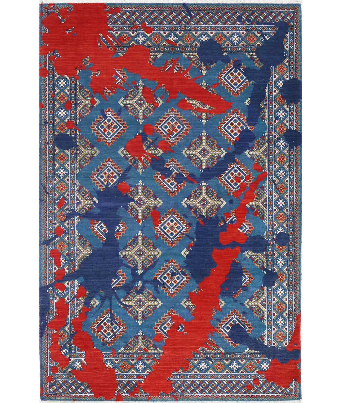 Ajrak 3'7'' X 6'1'' Power-Loomed Wool-Bamboo Silk Rug 3'7'' x 6'1'' (108 X 183) / Blue / Red