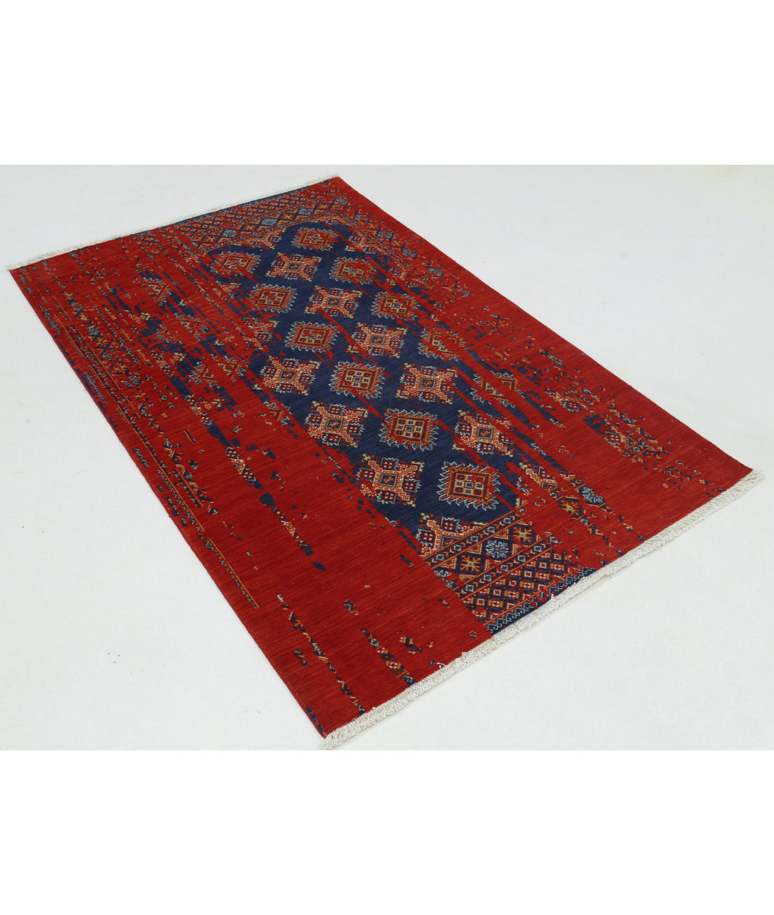 Ajrak 4'0'' X 6'0'' Power-Loomed Wool-Bamboo Silk Rug 4'0'' x 6'0'' (120 X 180) / Red / Blue