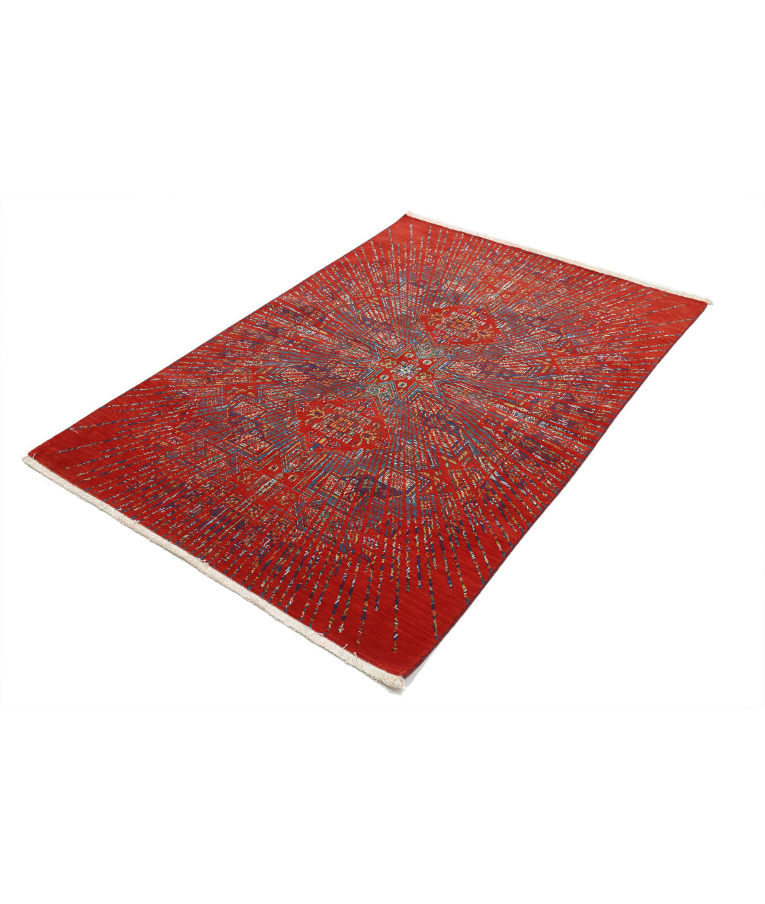 Gulshan 4'0'' X 5'9'' Power-Loomed Wool-Bamboo Silk Rug 4'0'' x 5'9'' (120 X 173) / Red / Blue