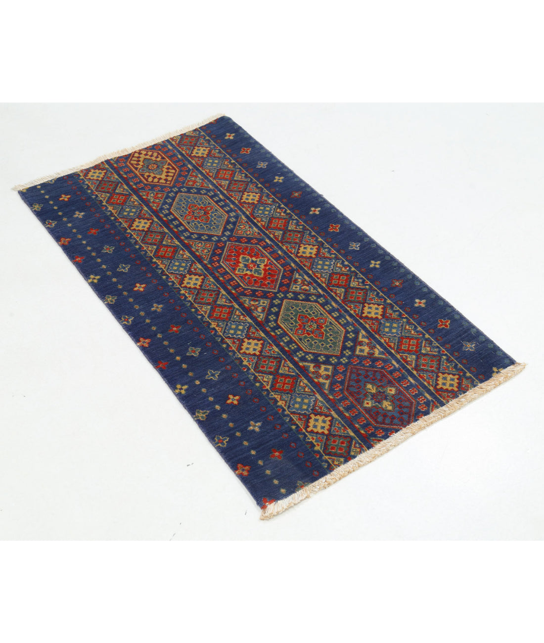 Gulshan 2'2'' X 3'9'' Power-Loomed Wool-Bamboo Silk Rug 2'2'' x 3'9'' (65 X 113) / Blue / Red