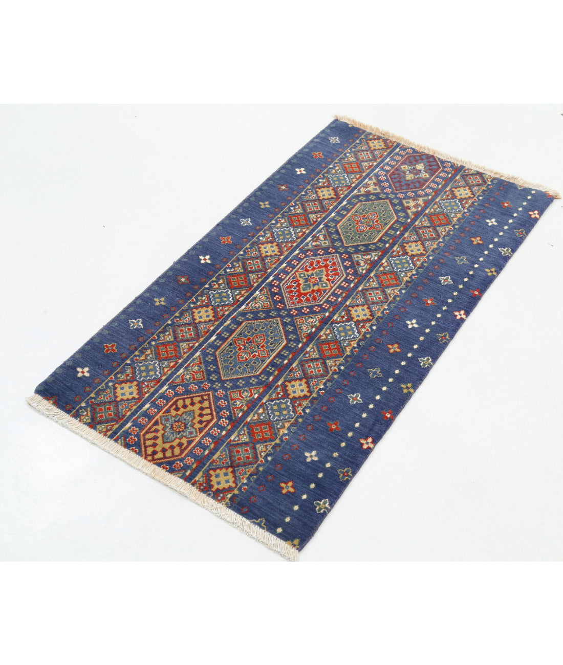 Gulshan 2'2'' X 3'9'' Power-Loomed Wool-Bamboo Silk Rug 2'2'' x 3'9'' (65 X 113) / Blue / Red