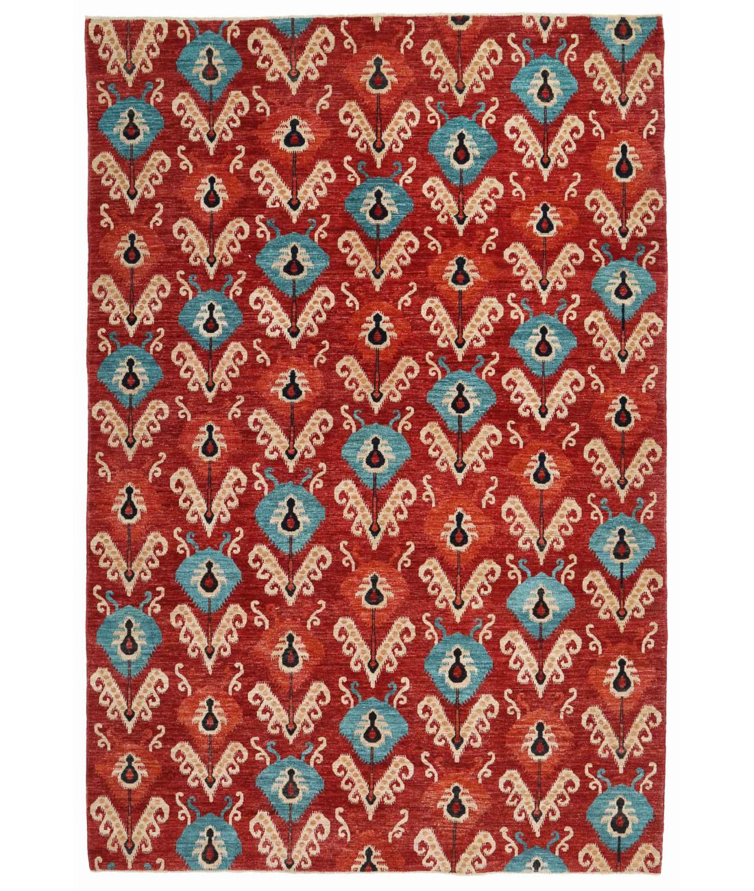 Hand Knotted Ikat Wool Rug - 6'6'' x 9'6'' 6' 6" X 9' 6" ( 198 X 290 ) / Red / Teal