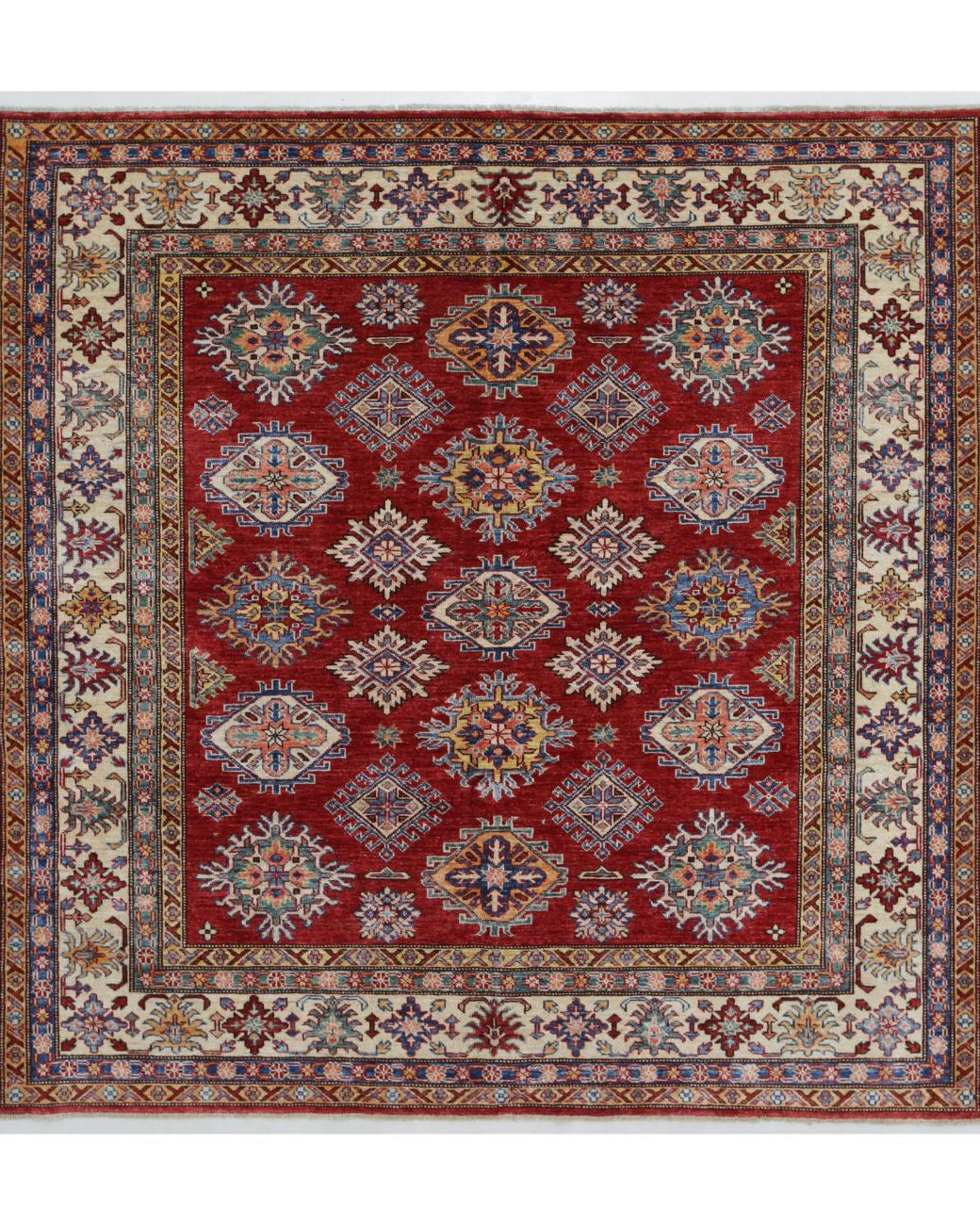 Hand Knotted Royal Kazak Wool Rug - 5'11'' x 6'0'' 5' 11" X 6' 0" ( 180 X 183 ) / Red / Ivory