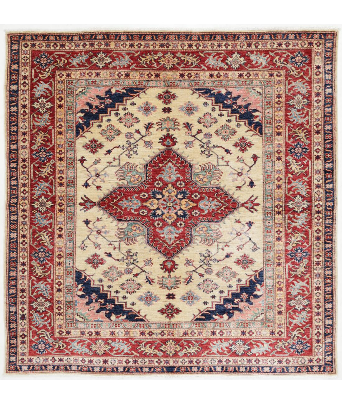 Hand Knotted Royal Kazak Wool Rug - 6'1'' x 6'4'' 6' 1" X 6' 4" ( 185 X 193 ) / Ivory / Red