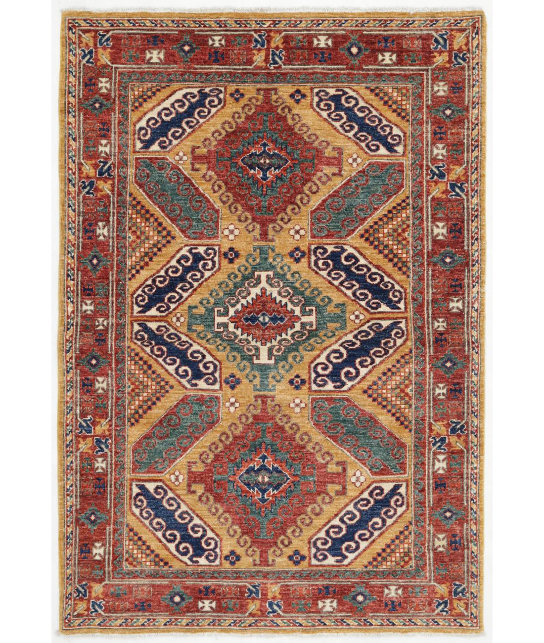 Hand Knotted Nomadic Caucasian Humna Wool Rug - 4'0'' x 6'0'' 4' 0" X 6' 0" ( 122 X 183 ) / Gold / Rust