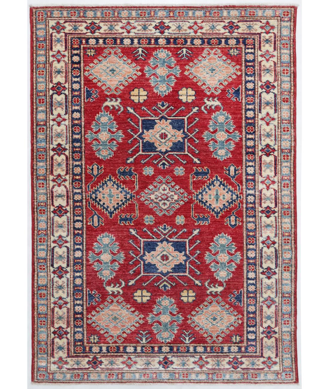Hand Knotted Royal Kazak Wool Rug - 3'5'' x 4'8'' 3' 5" X 4' 8" ( 104 X 142 ) / Red / Ivory