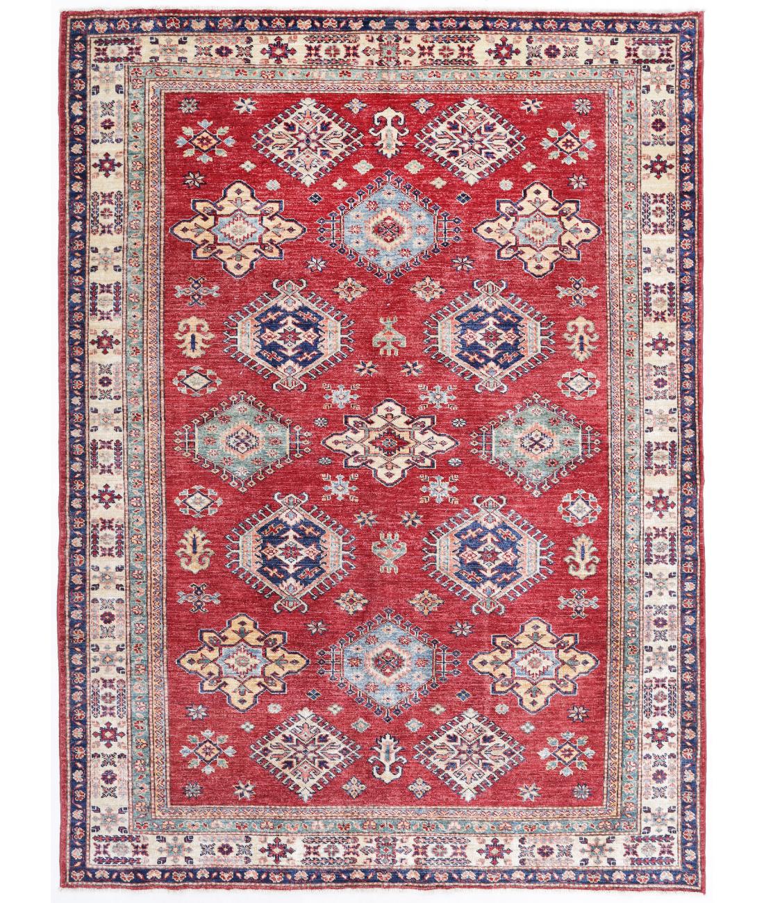 Hand Knotted Royal Kazak Wool Rug - 5'6'' x 7'5'' 5' 6" X 7' 5" ( 168 X 226 ) / Red / Ivory