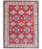 Hand Knotted Royal Kazak Wool Rug - 5'6'' x 7'5'' 5' 6" X 7' 5" ( 168 X 226 ) / Red / Ivory