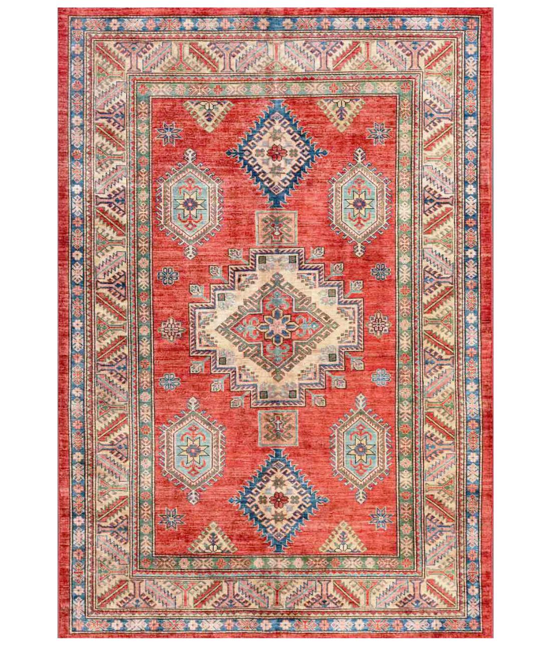 Hand Knotted Royal Kazak Wool Rug - 5'6'' x 7'9'' 5' 6" X 7' 9" ( 168 X 236 ) / Red / Ivory