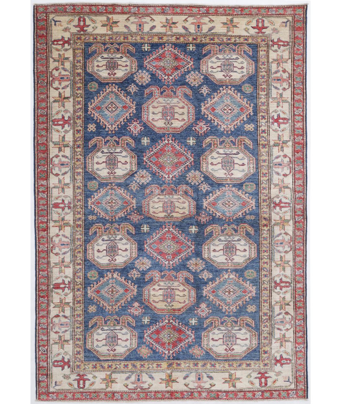 Hand Knotted Royal Kazak Wool Rug - 5'6'' x 8'1'' 5' 6" X 8' 1" ( 168 X 246 ) / Blue / Ivory