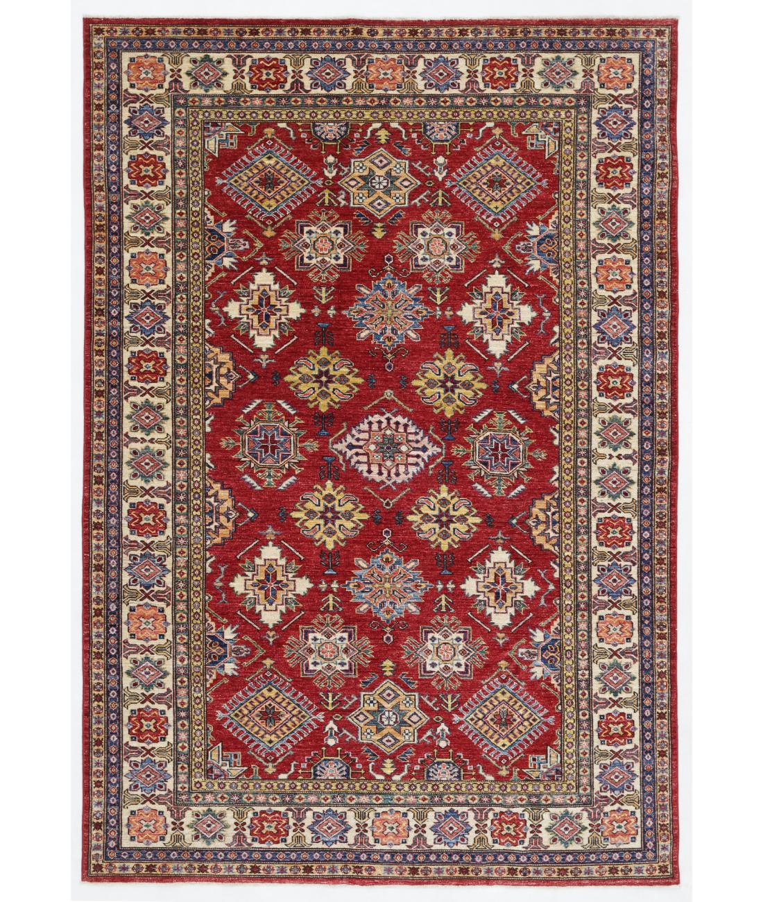 Hand Knotted Royal Kazak Wool Rug - 5'9'' x 8'7'' 5' 9" X 8' 7" ( 175 X 262 ) / Red / Ivory