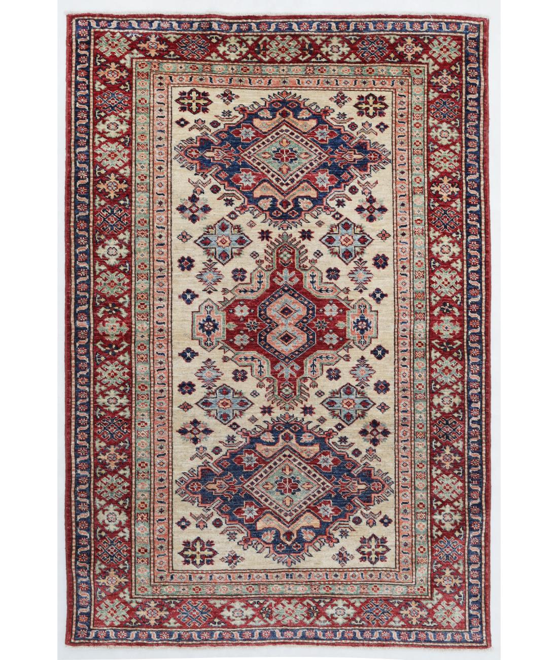 Hand Knotted Royal Kazak Wool Rug - 3'10'' x 5'9'' 3' 10" X 5' 9" ( 117 X 175 ) / Ivory / Red